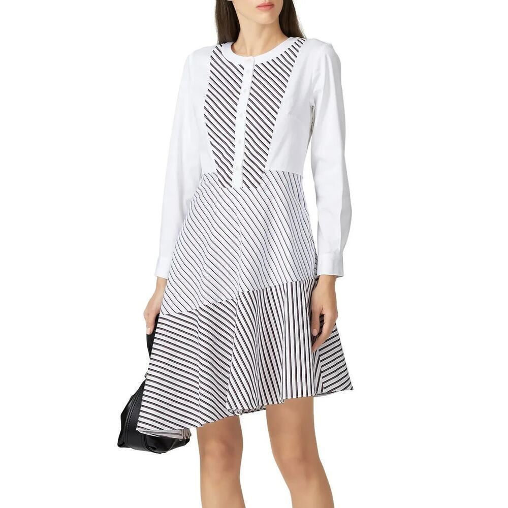 Chelsea28 Asymmetrical Shirt Dress Mixed Stripes Long Sleeve Knee Length White 6